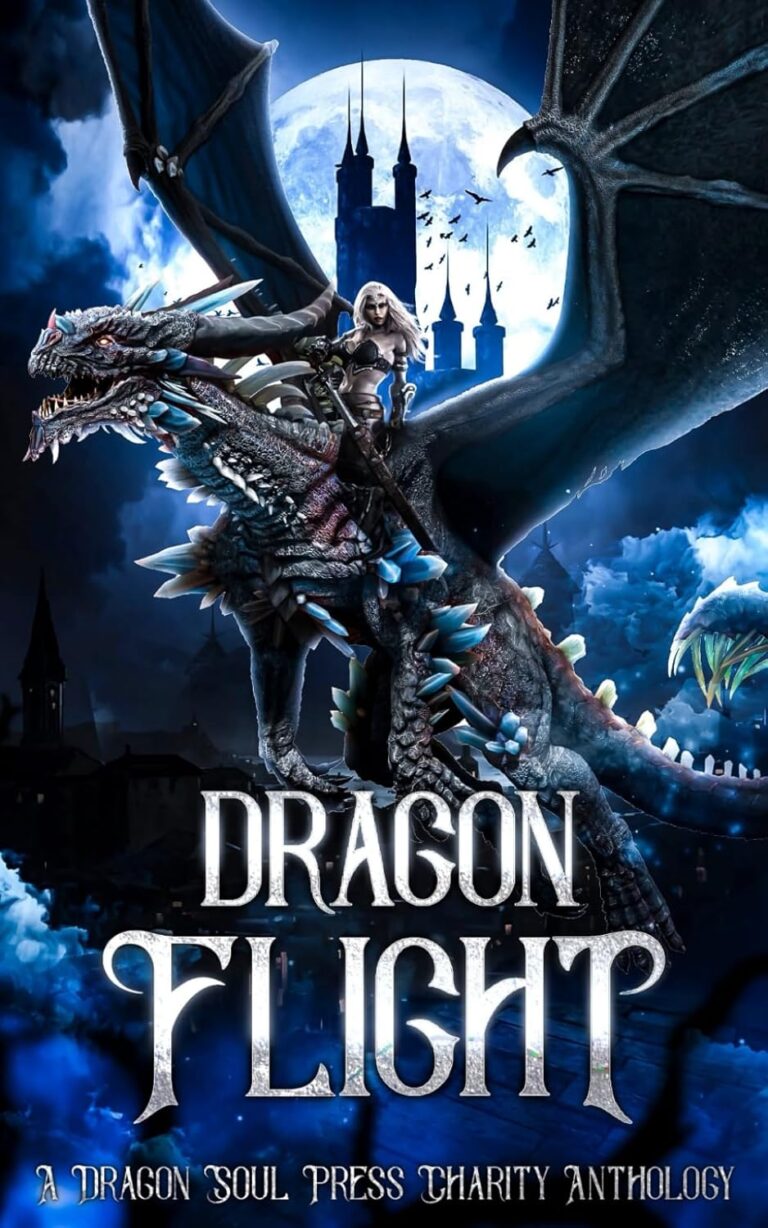 book cover of a woman riding a flying dragon against a moonlit sky